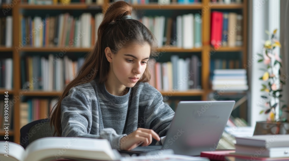 Teen girl studying financial management with books and a laptop on a desk Teen girl studying financial management with books and a laptop on a desk