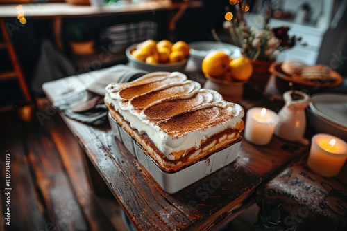 Cozy rustic kitchen with a delicious homemade cake on a wooden table, illuminated by warm candlelight and surrounded by fresh citrus fruits.