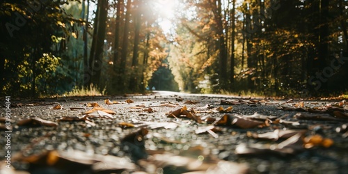 Mountain road cutting through a forest, close-up on leaf-strewn pavement, soft dappled sunlight.