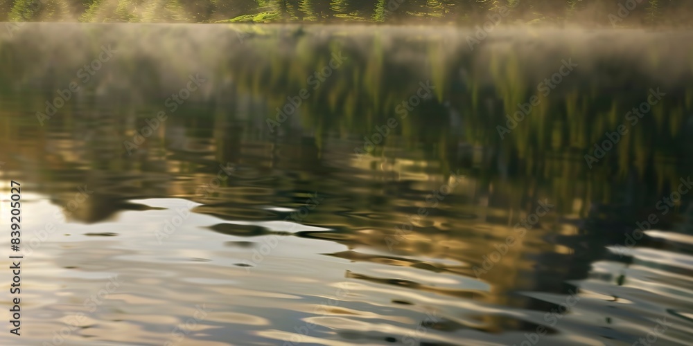 Close-up of mountain reflection in a forest pond, detailed ripples distorting the image, soft morning haze. Close-up of mountain reflection in a forest pond, detailed ripples distorting the image, soft morning haze.