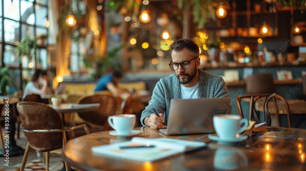 Entrepreneur working on a startup plan in a trendy cafe, laptop and notebook on the table, casual and productive vibe Entrepreneur working on a startup plan in a trendy cafe, laptop and notebook on the table, casual and productive vibe