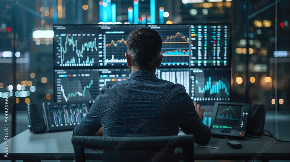 Financial analyst working with charts and graphs on a large monitor, modern office background, detailed and focused setting Financial analyst working with charts and graphs on a large monitor, modern office background, detailed and focused setting
