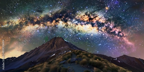 Milky Way arching over a mountain, close-up on galaxy core, dramatic illumination, awe-inspiring. photo