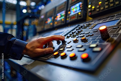 Professional technician operating advanced control panel in industrial environment photo