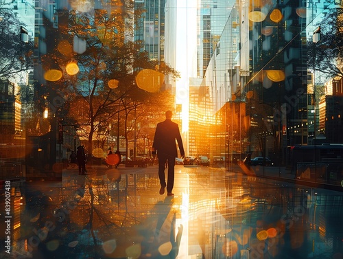 Businessman walking through a bustling city with skyscrapers, purposeful stride, morning sunlight reflecting off glass buildings, urban energy