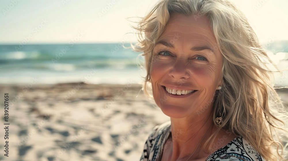 mature woman smiling at the beach enjoying sunny weather in natural lifestyle portrait mature woman smiling at the beach enjoying sunny weather in natural lifestyle portrait