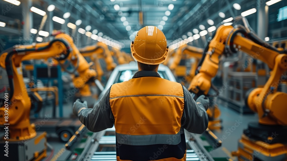 An automation engineer in a safety vest and helmet oversees a lineup of robotic arms in a high-tech industrial factory setting.