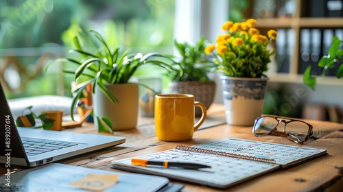 Close-up of a desk with productivity tools, planner, laptop, coffee mug, organized and efficient workspace, modern design