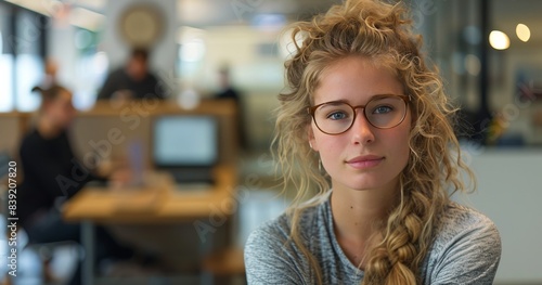 Young Woman With Blonde Braids Wearing Glasses in an Office Setting