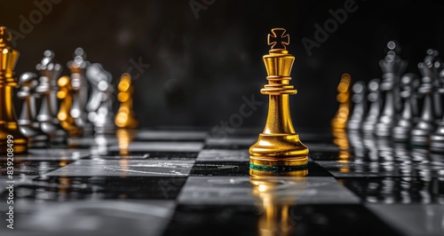A Golden Chess King Stands Alone on a Black and White Board
