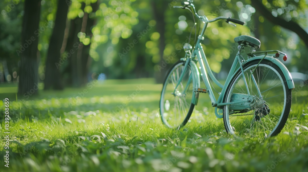 A bicycle is parked in the grass at a green park on World Car Free Day, poster A bicycle is parked in the grass at a green park on World Car Free Day, poster