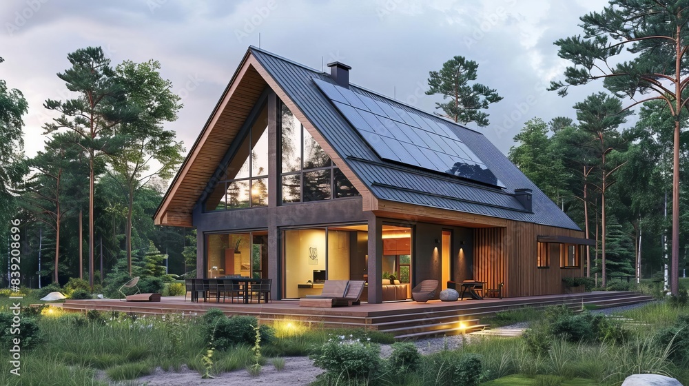modern ecofriendly suburban house with photovoltaic solar panels on gable roof sustainable architecture 3d rendering modern ecofriendly suburban house with photovoltaic solar panels on gable roof sustainable architecture 3d rendering