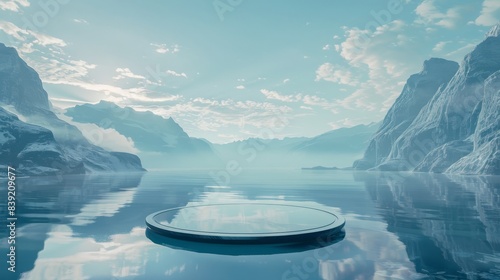 It's a sea and sky scene with horizontal surfaces, mountains on both sides, and a thin circular platform in the center of the water, in a light blue hue, with a high-class feel 