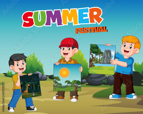 Vector illustration of Summer Camp withy kids showing their paintings , summer festival template 