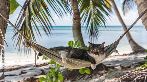 A charming American Wirehair cat napping in a hammock suspended between two swaying palm trees at tropical beach photo
