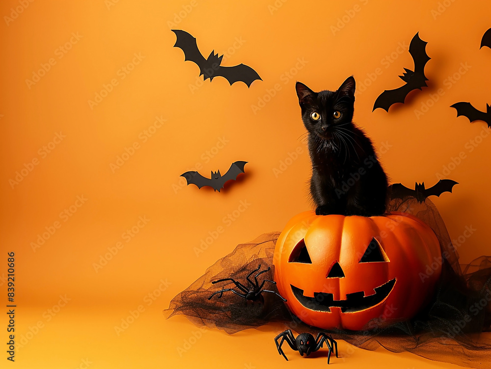 Halloween pumpkin, black cat, spiders and bats on an orange background, festive Halloween background with a place for text Halloween pumpkin, black cat, spiders and bats on an orange background, festive Halloween background with a place for text