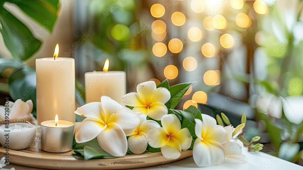 Candles and spa elements on a wooden tray against a blurred background of a beauty salon interior, space for text. Candles and spa elements on a wooden tray against a blurred background of a beauty salon interior, space for text.