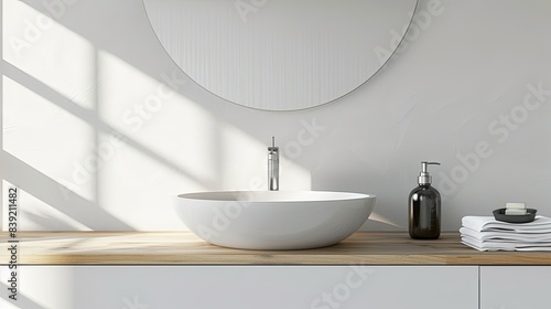 A modern bathroom interior with white walls  a wooden table and sink on a black shelf  viewed from the front.