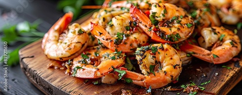 Panel kuchenny z motywem garlic prawns grilled in black pan.