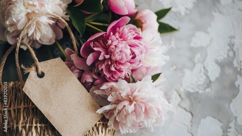 Fototapeta Naklejka Na Ścianę i Meble -  a straw bag with pink and white peonies inside, on the right side there is an empty tag for text or logo.