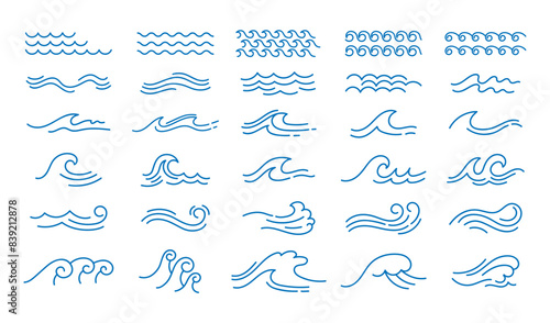 Line water wave. Marine flowing waves icons. Decorative outline curly and swirly river liquid. Zigzag horizontal sea and ocean water elements isolated on white background vector set
