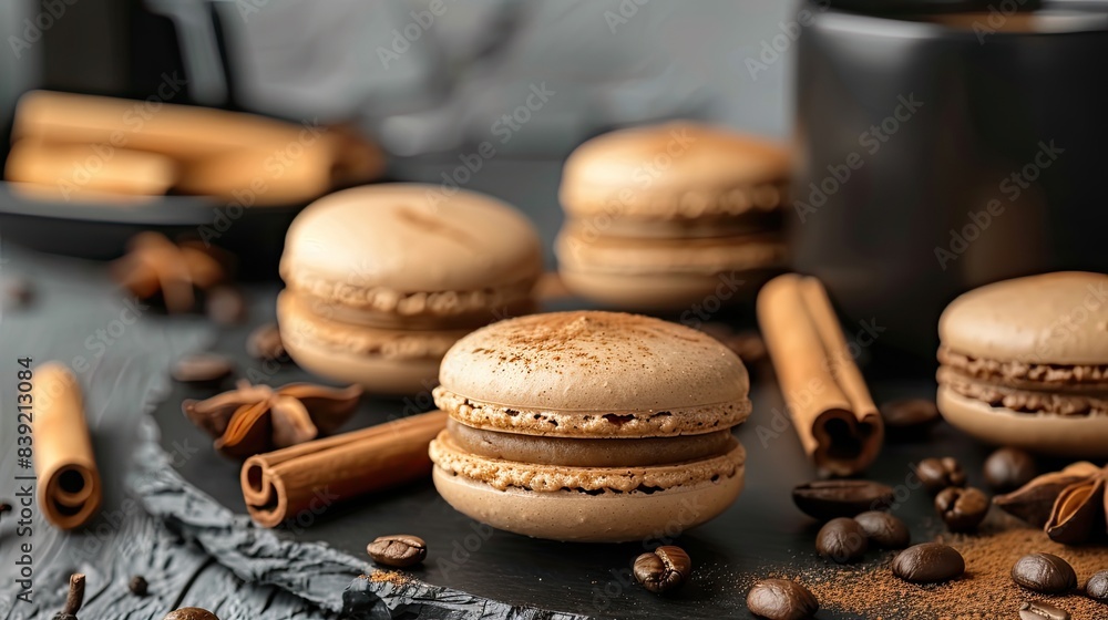 macarons, coffee beans, and cinnamon on a dark wooden table, evoking the warmth and indulgence of a cozy coffee break. macarons, coffee beans, and cinnamon on a dark wooden table, evoking the warmth and indulgence of a cozy coffee break.