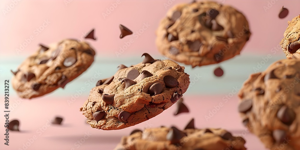 3D render of chocolate chip cookies falling against a pastel background. Concept Food Photography, Baking Inspiration, Colorful Backgrounds, Creative Food Styling, 3D Rendering 3D render of chocolate chip cookies falling against a pastel background. Concept Food Photography, Baking Inspiration, Colorful Backgrounds, Creative Food Styling, 3D Rendering