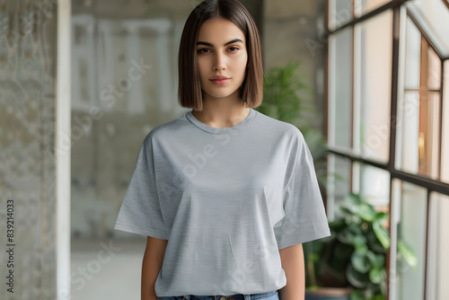 Trendy Female T-Shirt Mockup Design, Simple Young Woman T-Shirt Mockup, Show Off Your Designs: Young Woman T-Shirt Mockup, High-Quality Mockup: Realistic Young Woman T-Shirt Template