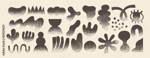 Doodle abstract shapes. Naive elements with noisy texture. Hand drawn nature creative figure, grunge brushes. Black geometry silhouette. Trendy quirky graphic shape. Vector set