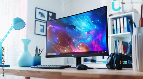 Home office desk in white interior, monitor and colorful wallpaper background, close-up