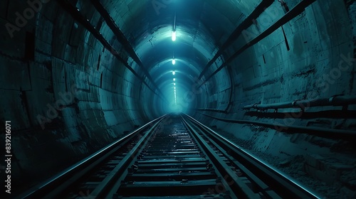 An empty subway tunnel with tracks disappearing into darkness, illuminated by an eerie blue light emanating from the distant opening, creating a mysterious and atmospheric scene. 