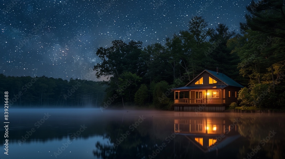 Fototapeta premium AI generated illustration of a wooden cabin at a lake at night