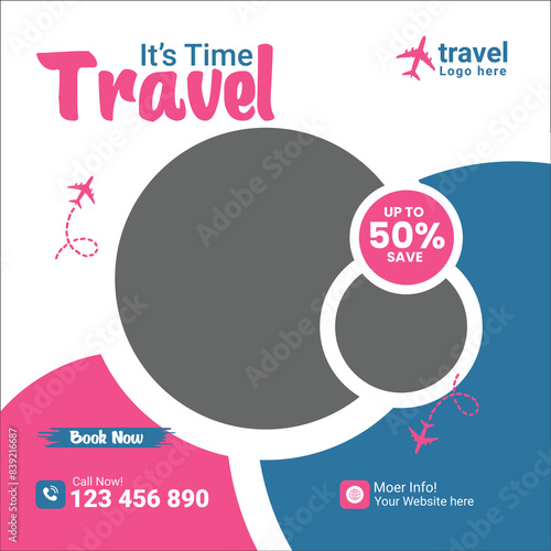 Travel Agency social media post template. Web banner, flyer or poster for travelling agency business offer promotion or advertisement banner design.