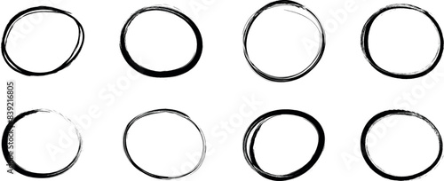 Hand drawn grange circle line sketch set. Vector circular scribble doodle round circles for message note mark design element. Pencil or pen graffiti bubble or ball draft illustration
