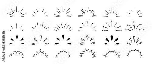 Doodle rays and sparkles. Sunlight sparks, explosion. Hand drawn line confetti, surprise elements, shining curves frames. Celebration ornaments decor vector signs