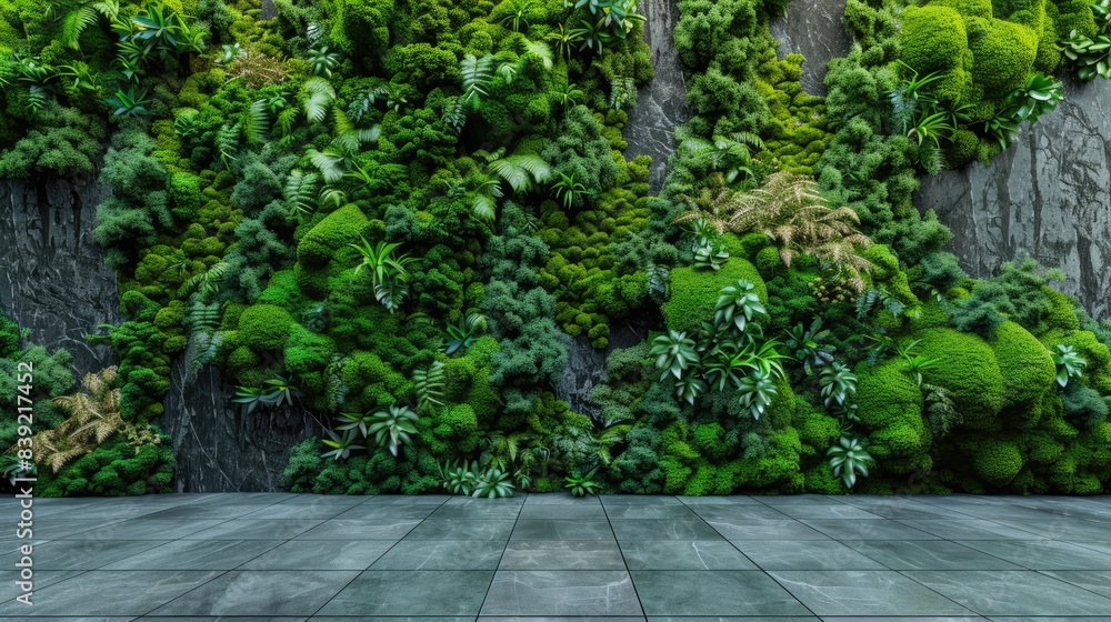 a modern design element with a lush green moss wall set against a checkered pattern grey floor, creating a striking natural and contemporary aesthetic. a modern design element with a lush green moss wall set against a checkered pattern grey floor, creating a striking natural and contemporary aesthetic.