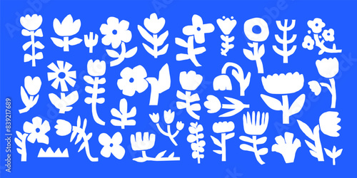 Doodle floral silhouette. Abstract cutout flower and plant. Monochrome naive infantile shape. Hand drawn nature flowers, daisy and tulips. Ornament kids elements Vector set