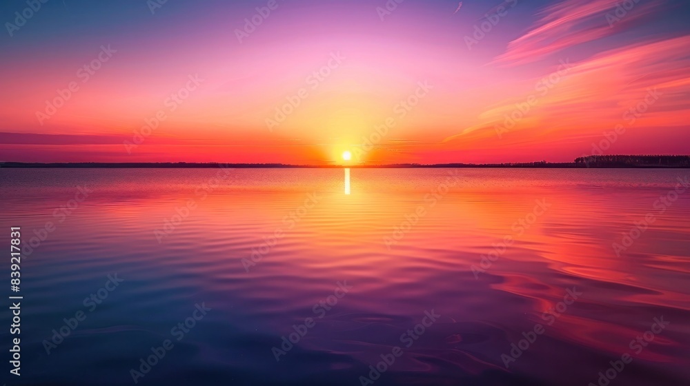 Breathtaking sunset with warm golden light reflecting off the calm surface of a serene lake surrounded by a vibrant gradient of colors in the sky
