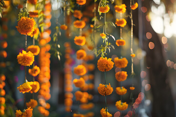 Marigold garlands draping along the house's exterior, Day of the Dead, blurred background