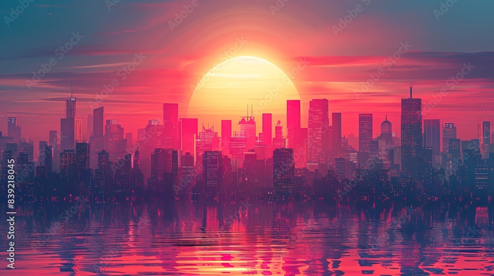 Synth wave retro city landscape background at sunset Synth wave retro city landscape background at sunset
