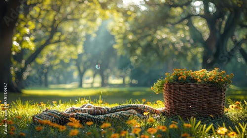 Relaxing Picnic Scene: Blanket, Basket, Park, Grass
 photo