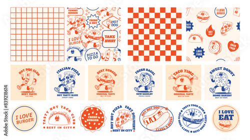 Retro fast food. Cartoon stickers and seamless patterns with groovy food mascot. Comic food characters for cafe menu. Patches taco, hot dog and burger. Vector templates