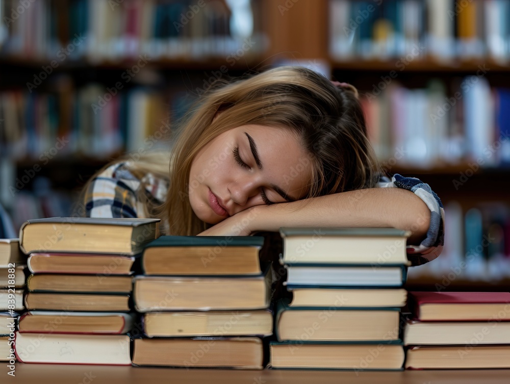 Student Studying Hard Exam and Sleeping on Books, Tired Girl Read Difficult Book in Library