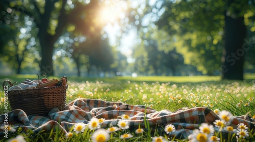 Relaxing Picnic Scene: Blanket, Basket, Park, Grass
 photo