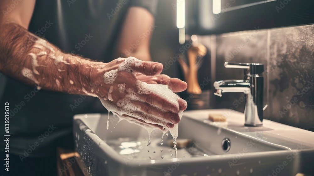 a man washing his hands with soap in a close-up photo, focusing on a white sink against an isolated background, with elements of a bathroom and flowing water visible.