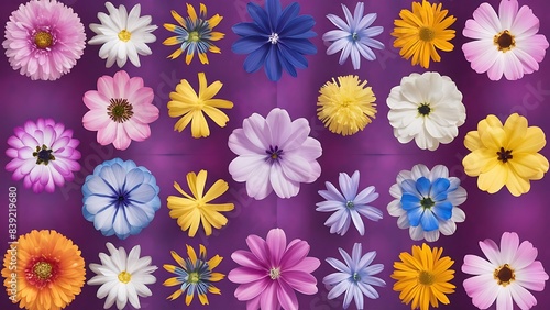 Top view of beautiful flowers on violet background