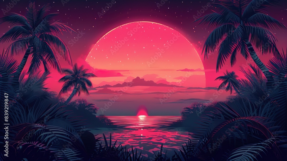 Naklejka premium Palm background 80 s, 90 s style. Landscape of sunset. Image of old, retro, vintage style 