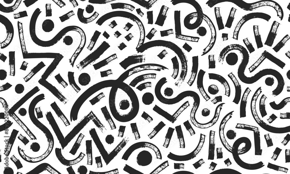 Brush seamless pattern. Black curved lines, abstract ornament elements. Grunge swirls and shapes. Repeated background with hand drawn scribbles daubs. Doodles vector print Brush seamless pattern. Black curved lines, abstract ornament elements. Grunge swirls and shapes. Repeated background with hand drawn scribbles daubs. Doodles vector print