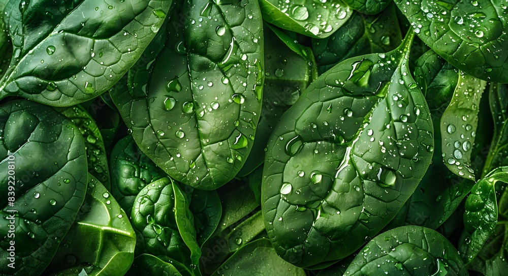 Obraz premium Close-up macro view of fresh green spinach leaves, high resolution.