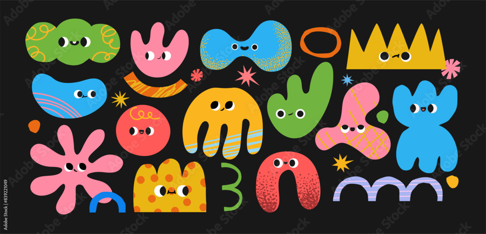 Abstract shape character. Naive amorphous objects with funny faces. Colorful childish figures, cloud, star, wavy shapes for kids game. Retro simple forms. Doodle vector set Abstract shape character. Naive amorphous objects with funny faces. Colorful childish figures, cloud, star, wavy shapes for kids game. Retro simple forms. Doodle vector set
